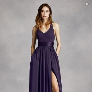 V Neck Halter Gown with Sash Bridesmaid Amethyst